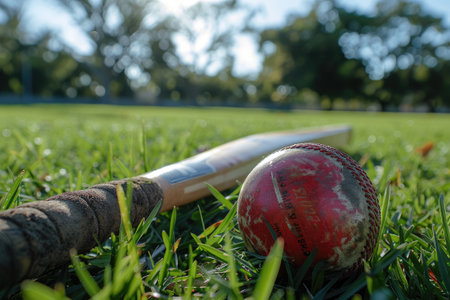 Close-up view of a worn cricket ball and bat lying on a grass fieldの素材