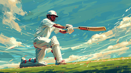 Cricket player hitting ball on a bright sunny day under open skyの素材