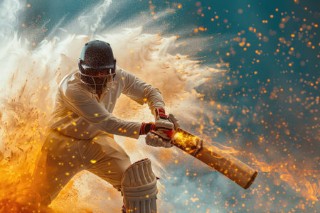 A dynamic cricketer hits the ball surrounded by a dramatic explosion of sand in the backgroundの素材