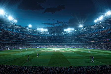 Cricket match at night in a stadium with vibrant floodlights and playersの素材