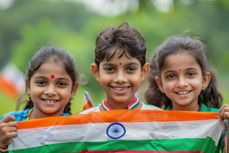Three children holding Indian flag celebrating with broad smiles outdoors.の素材