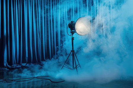 Professional studio light with smoke on blue curtain background.の素材