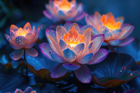 Glowing neon pink water lilies floating on a serene, dark pondの素材