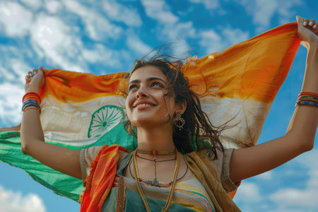 Woman in traditional attire holding up an Indian flag against a blue sky backdrop.の素材