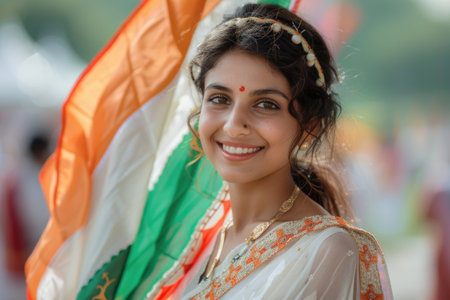 Smiling woman in traditional attire with Indian flag behind her.の素材