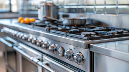 Modern stainless steel kitchen with a gas stove and utensilsの素材