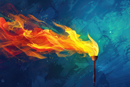 Olympic torch with a blazing flame depicted against a dynamic and colorful background. Paris Olympic gamesの素材