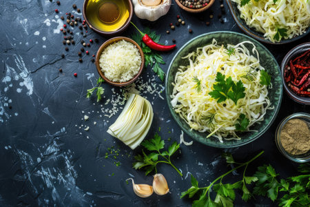 Fresh pickled sauerkraut cabbage with ingredients in bowlの素材