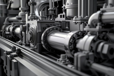 Close-up of industrial machinery with intricate mechanical components and pipes.の素材