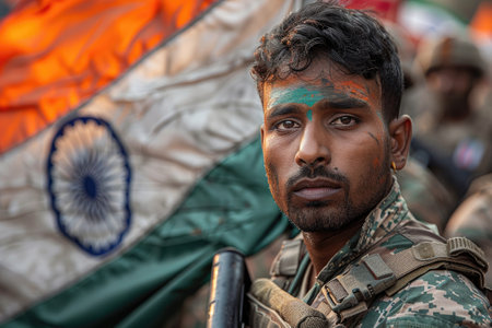 Soldier with facial paint stands in front of waving Indian flag.の素材