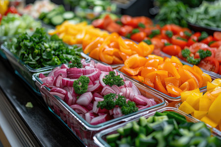 Catering meals prepared for guests at a wedding or hotel dinner. Healthy salads and other vegetables.の素材