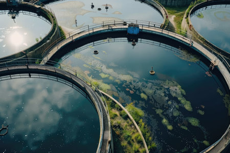 Aerial view of modern water cleaning facility at urban wastewater treatment plant. Water purification tanksの素材
