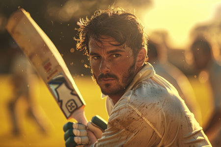 Focused cricketer in action during intense game with sunset background.の素材