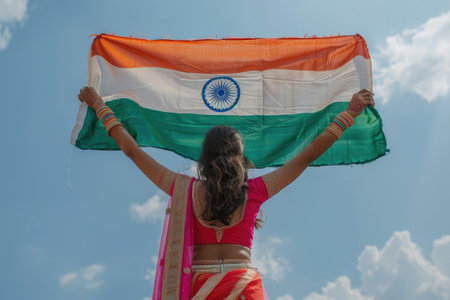 Woman in traditional attire holding up an Indian flag against a blue sky backdrop.の素材