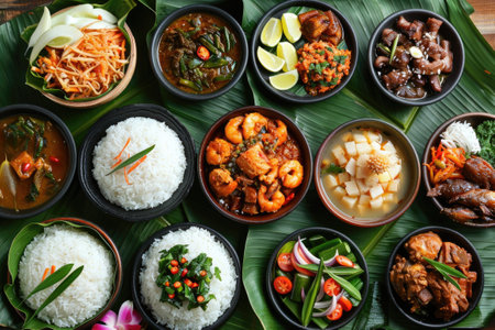 Variety of authentic Thai traditional meal set on green banana leavesの素材