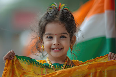 Young girl with Indian flag and traditional attire, smiling outdoors.の素材