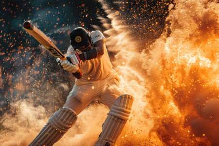 A dynamic cricketer hits the ball surrounded by a dramatic explosion of sand in the backgroundの素材