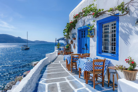 Typical blue and white Greek restaurant, taverna by the seaの素材