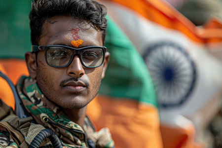 Soldier with facial paint stands in front of waving Indian flag.の素材