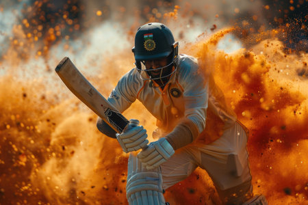 A dynamic cricketer hits the ball surrounded by a dramatic explosion of sand in the backgroundの素材