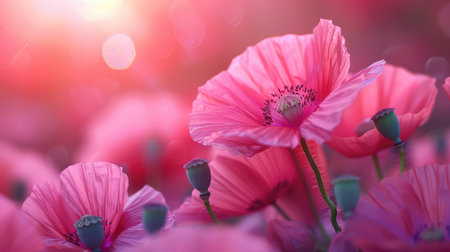 Purple poppy blossoms in a fieldの素材
