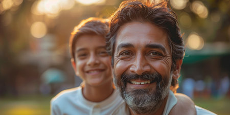 Father and son smiling warmly in the golden sunshine outdoors in India.の素材