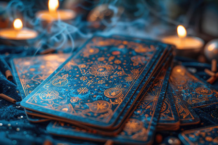 Magical tarot cards with mystical symbols surrounded by sparksの素材