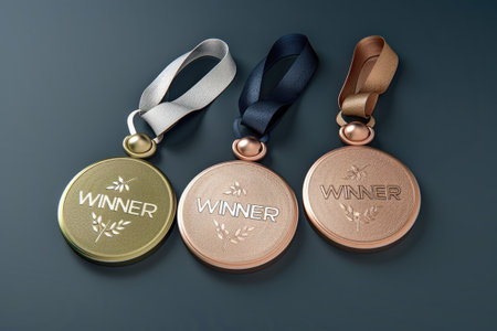 Three medals of different colors on table symbolizing achievements in sports with a sign Winnerの素材