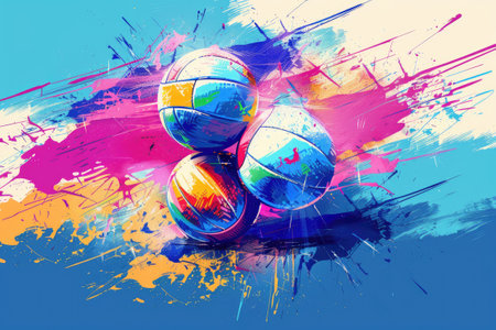 Abstract painting of volleyballs on a vibrant colorful background.の素材
