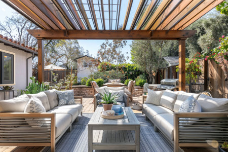 Cozy patio with sofas and a table. Pergola shade over patio.の素材