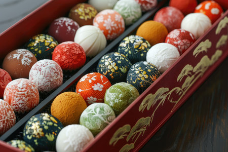 Traditional Japanese dessert mochi balls presented in a beautiful, traditional Japanese boxの素材