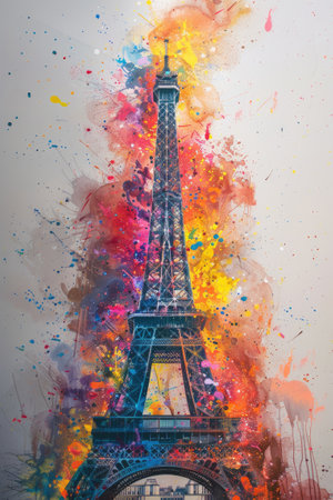 Vivid artistic depiction of the Eiffel Tower with radiant colors and splatter effects. Paris Olympic gamesの素材