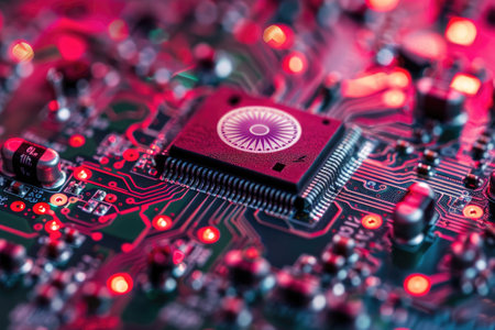 Closeup of a microchip on a detailed electronic motherboard with lightsの素材