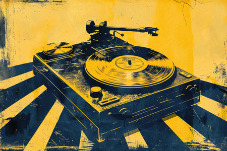 Vintage record player with retro vinyl disc. Old turntable. Retro music technology conceptの素材