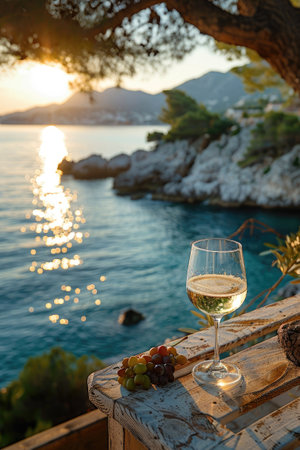 A glass of white wine and a bunch of grapes on a table overlooking the sea at sunset.の素材