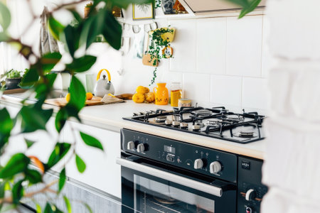 Modern kitchen with elegant gas stove and various kitchen utensils.の素材