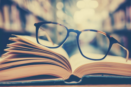 An open book with reading glassesの素材