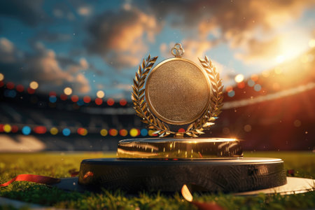 Golden podium with laurel wreaths and victory medals in stadium backgroundの素材