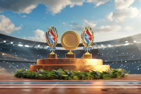 Golden podium with laurel wreaths and victory medals in stadium backgroundの素材