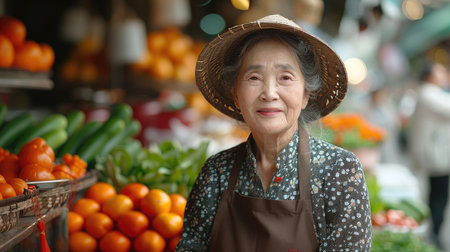 Elderly Asian woman selling fresh fruits and vegetables at an outdoor market stallの素材