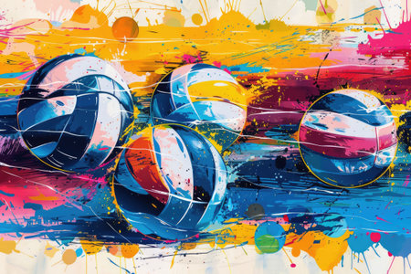 Abstract painting of volleyballs on a vibrant colorful background.の素材