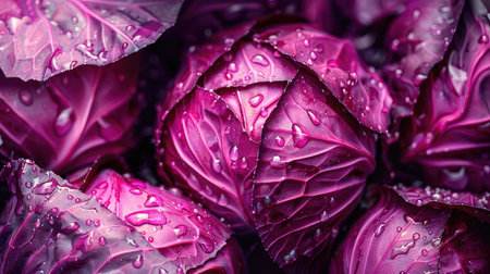Close-up of fresh red cabbages with water drops on their leaves.の素材