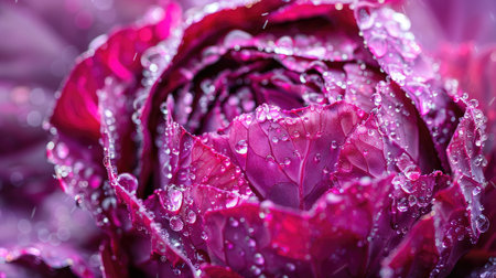 Close-up of fresh red cabbages with water drops on their leaves.の素材