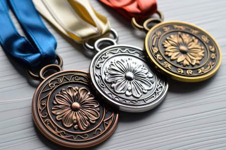 Gold, silver, bronze medals with floral design and colored ribbonsの素材