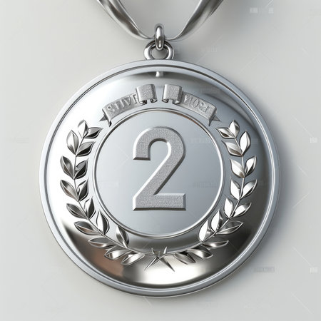 Silver medal with ribbon featuring the number 2 in an elegant formの素材