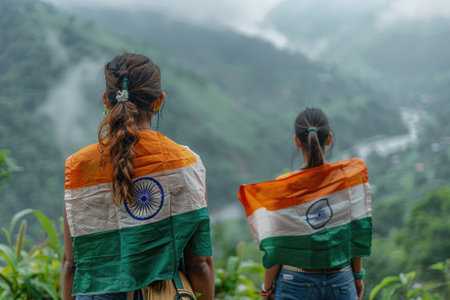 Two people draped in Indian flags enjoy a scenic mountain landscape view.の素材