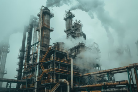 Industrial plant with complex machines and chimneys and smoke. Global air pollutionの素材