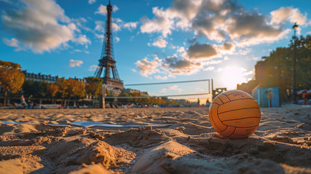 Volleyball on sandy court in Paris, with Eiffel Tower in the background, summer Olympics gamesの素材