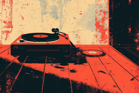Red vinyl record on a vintage turntable, reflecting a nostalgic ambianceの素材