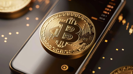 Golden bitcoin is placed on the smartphone screen. Modern digital currency and financial technology.の素材